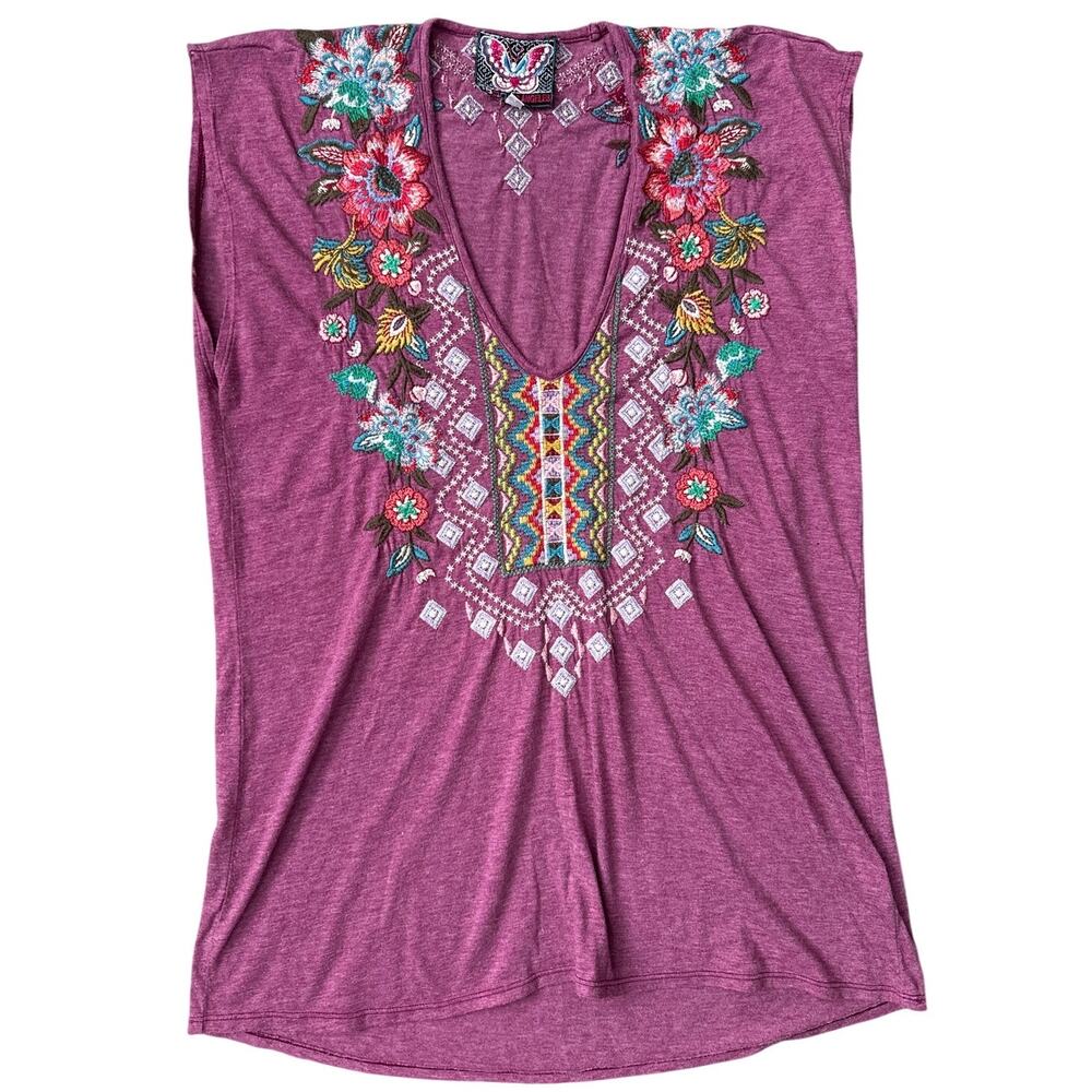 Johnny Was Purple Embroidered V-Neck Short Sleeve Tee - Picture 7 of 8